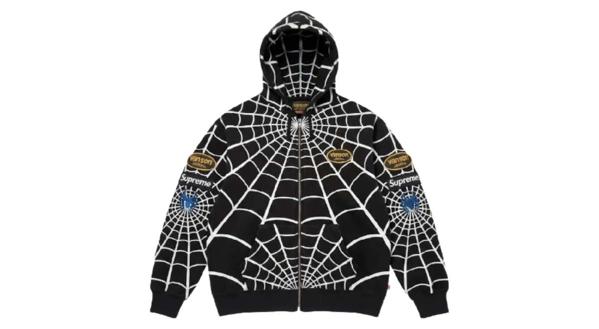 Supreme Vanson Leathers Spiderman Zip Up Hooded Sweatshirt Black 